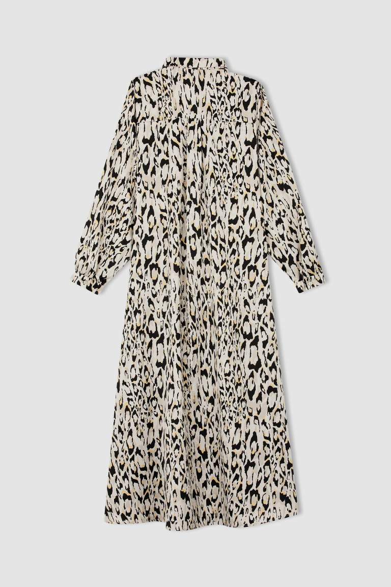 Regular Fit Leopar Desenli Saten Uzun Kollu Maxi Elbise