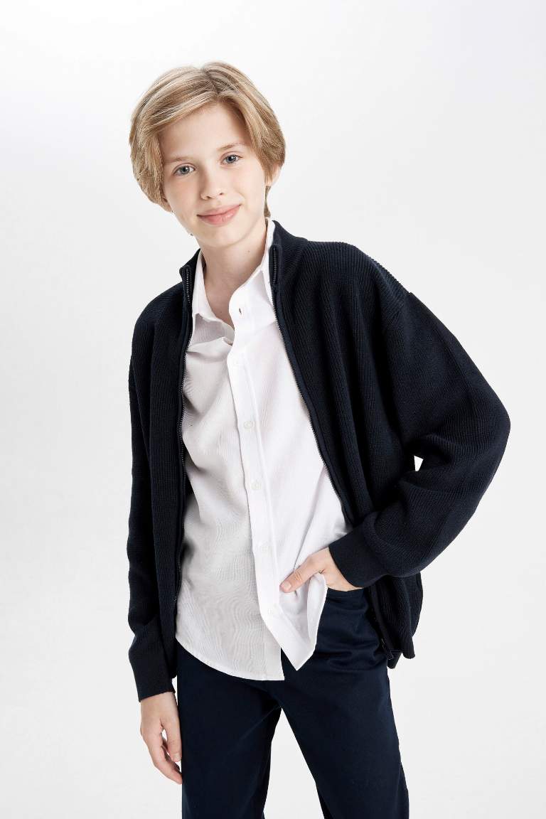 Boy Zippered Navy Blue School Cardigan