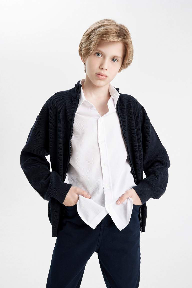 Boy Zippered Navy Blue School Cardigan