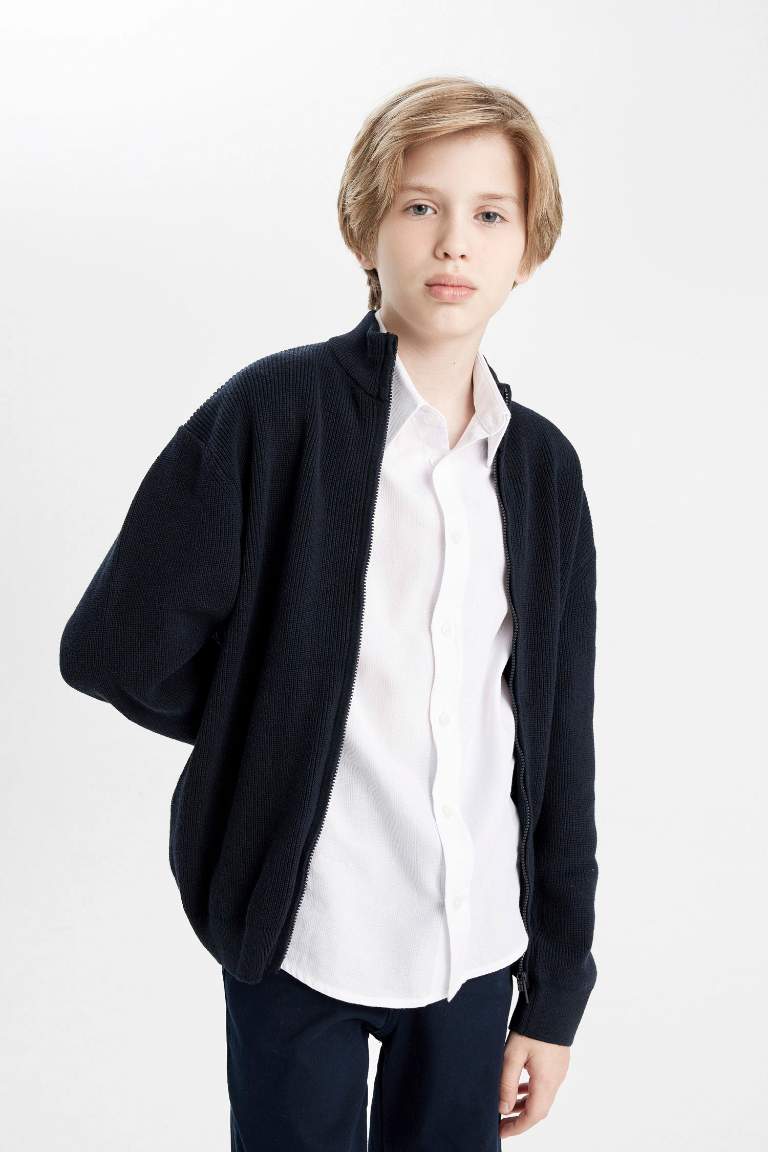 Boy Zippered Navy Blue School Cardigan