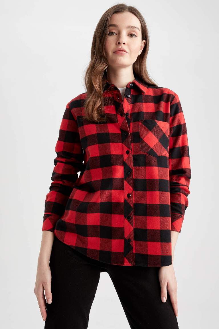 Regular Fit Shirt Collar Gingham Flannel Long Sleeve Shirt