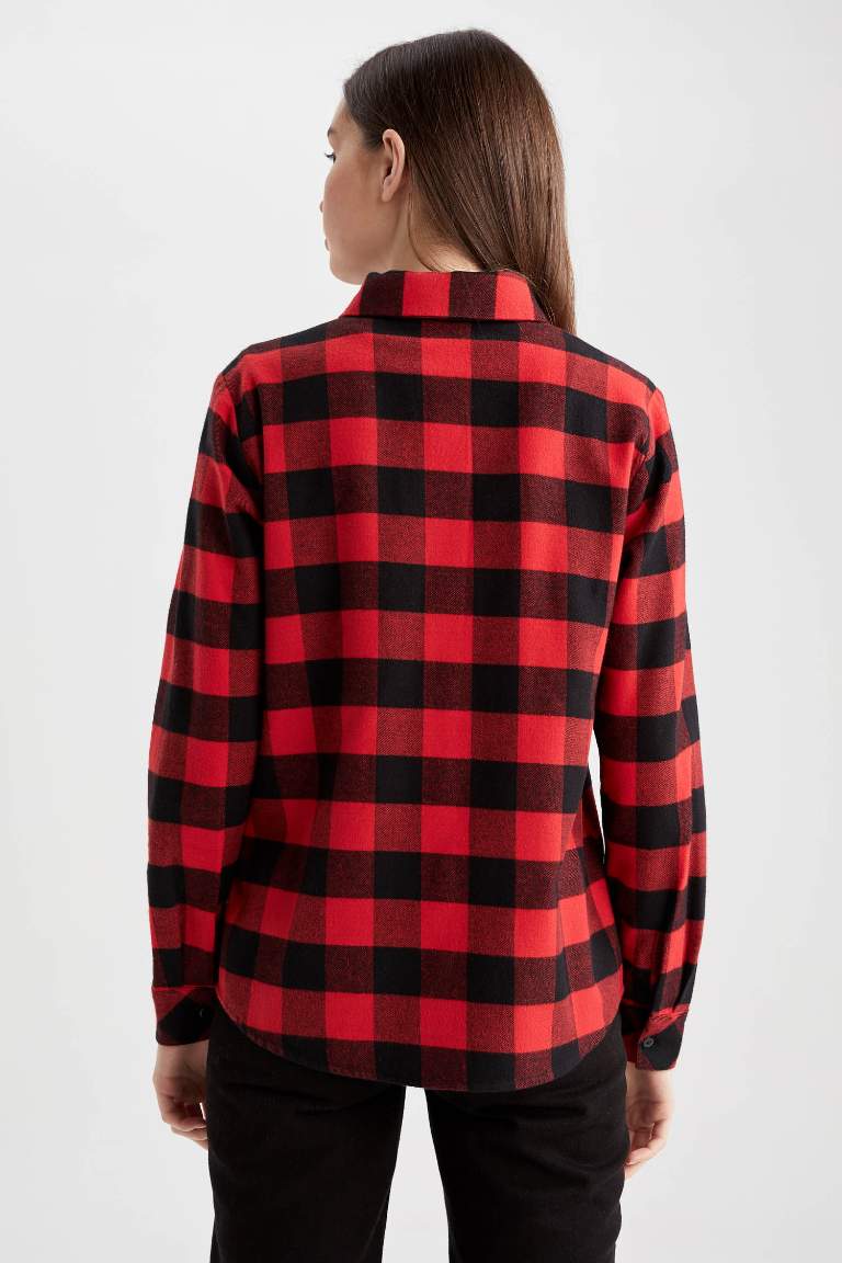 Regular Fit Shirt Collar Gingham Flannel Long Sleeve Shirt