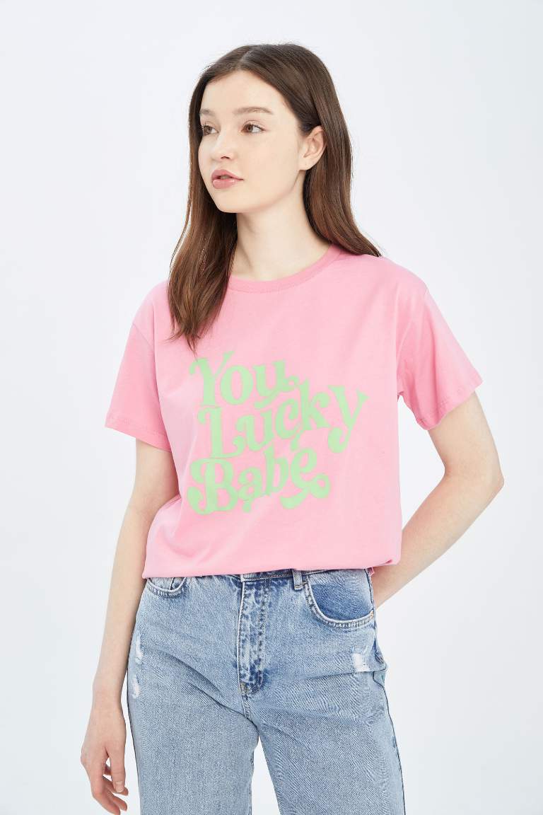 Regular Fit Crew Neck Short Sleeve Slogan Print T-Shirt