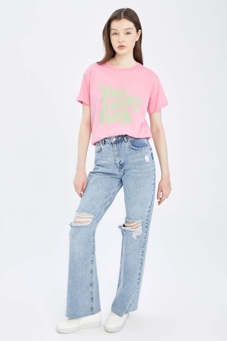 Regular Fit Crew Neck Short Sleeve Slogan Print T-Shirt