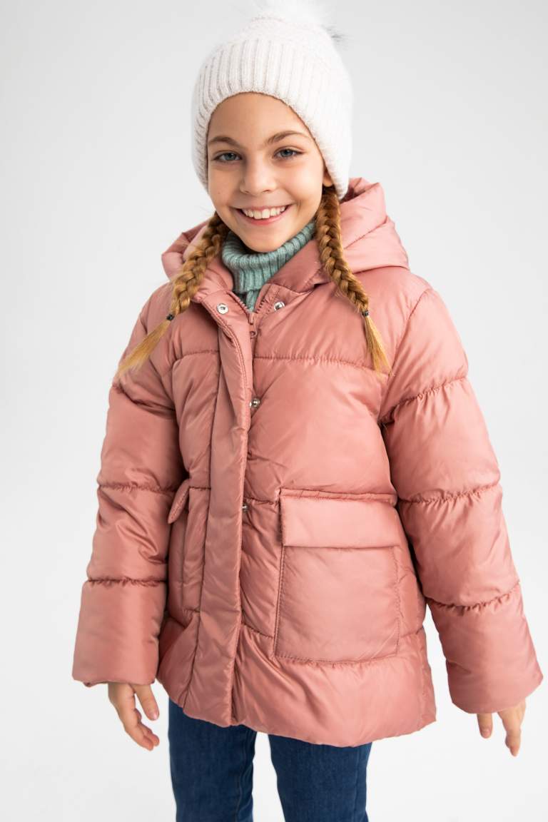 Kız Çocuk Polar Astarlı Kapüşonlu Puffer Şişme Mont