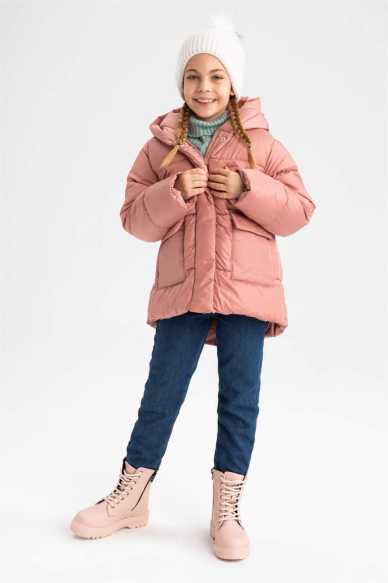 Kız Çocuk Polar Astarlı Kapüşonlu Puffer Şişme Mont