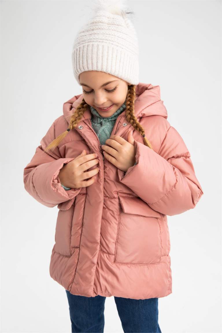 Kız Çocuk Polar Astarlı Kapüşonlu Puffer Şişme Mont