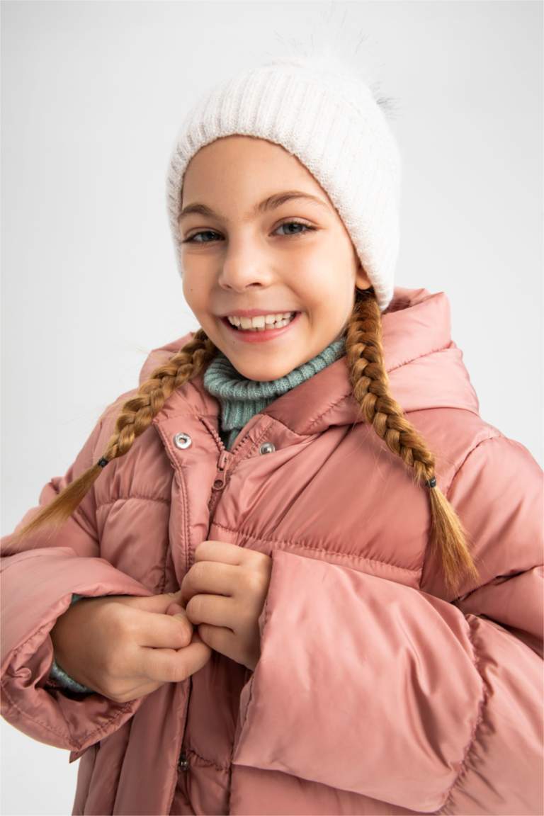 Kız Çocuk Polar Astarlı Kapüşonlu Puffer Şişme Mont