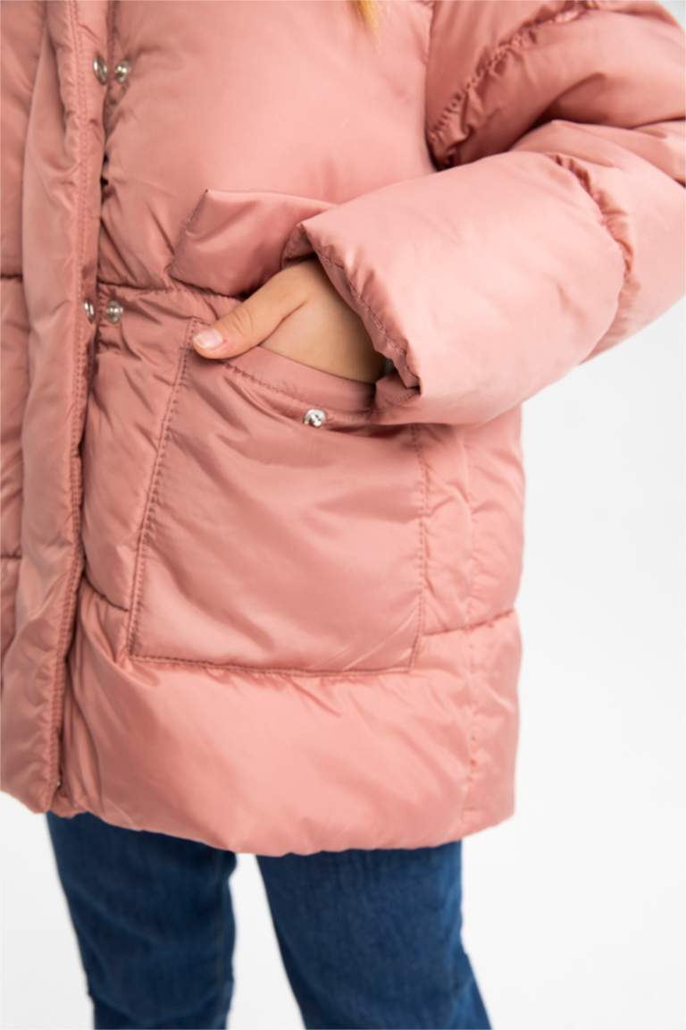 Kız Çocuk Polar Astarlı Kapüşonlu Puffer Şişme Mont