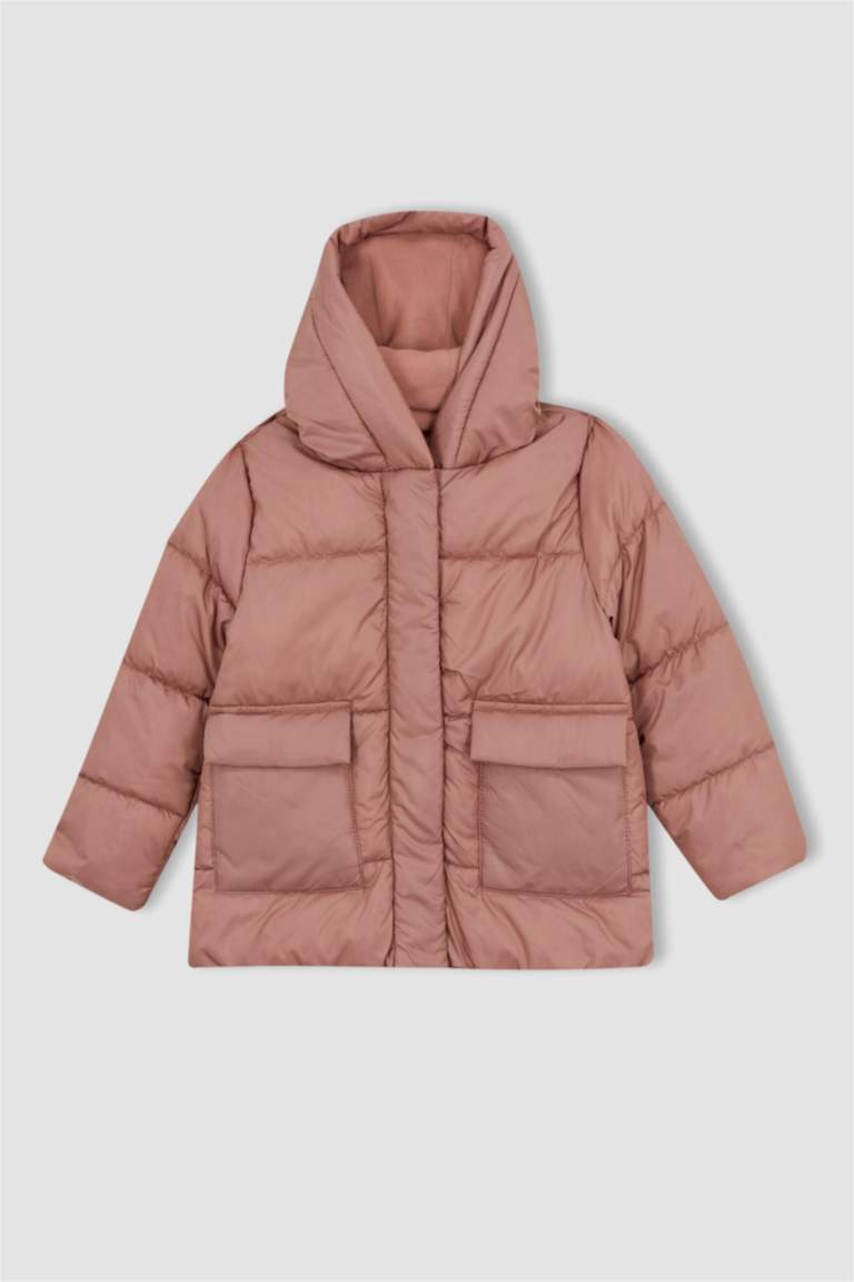 Kız Çocuk Polar Astarlı Kapüşonlu Puffer Şişme Mont