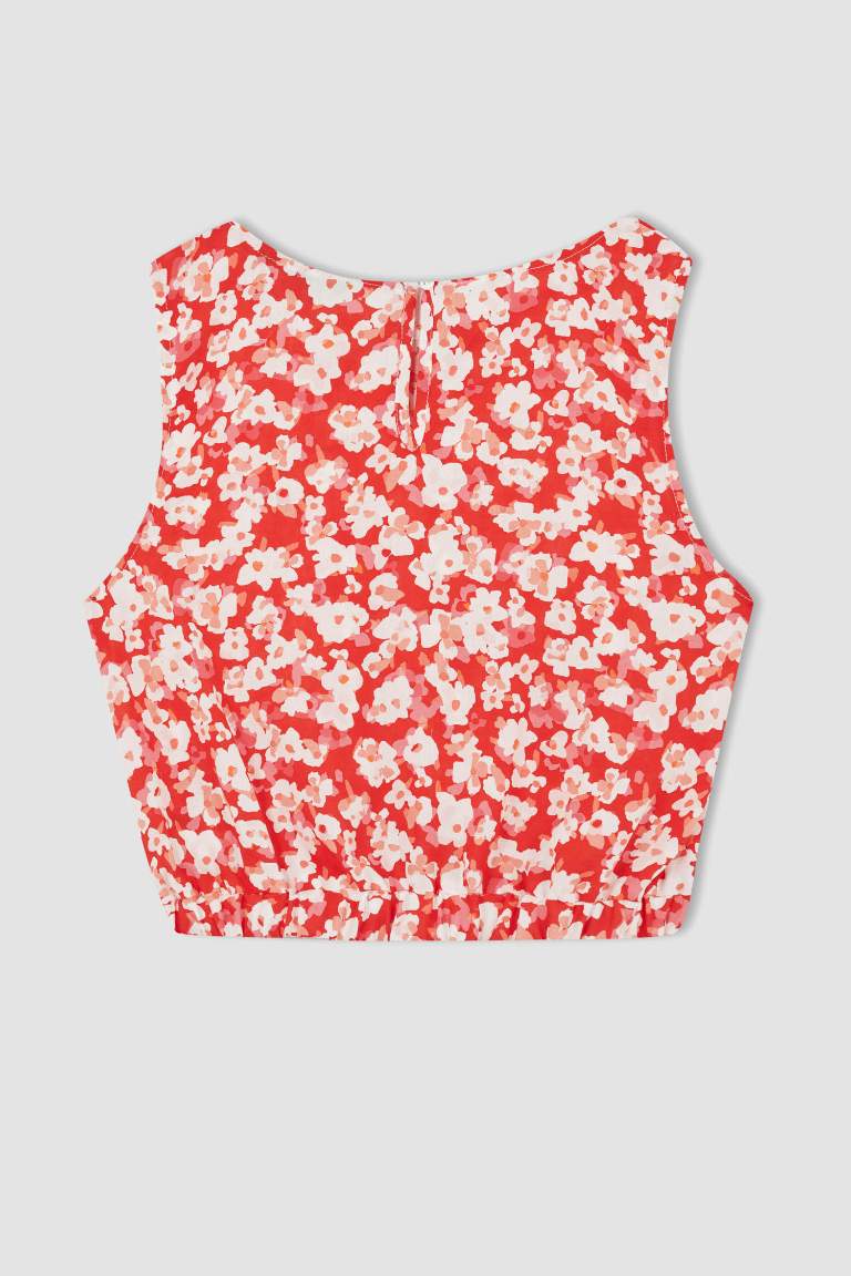 Crop Round Neck Patterned Sleeveless Blouse