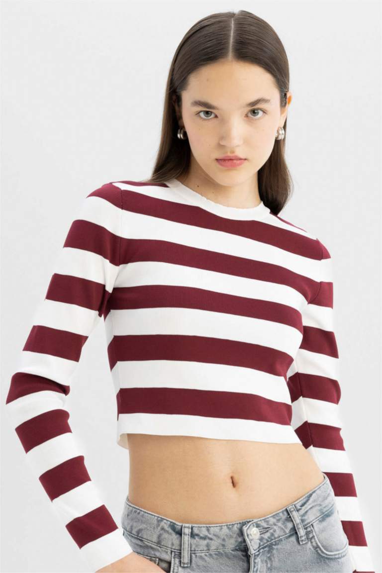Coool Slim Fit Dar Kesim Çizgili Bisiklet Yaka Triko Kazak