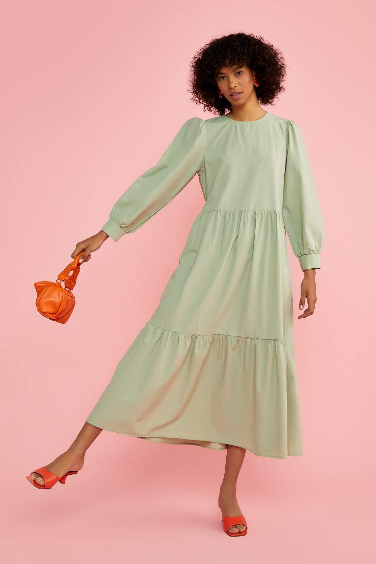 Regular Fit Bisiklet Yaka Poplin Uzun Kollu Maxi Elbise