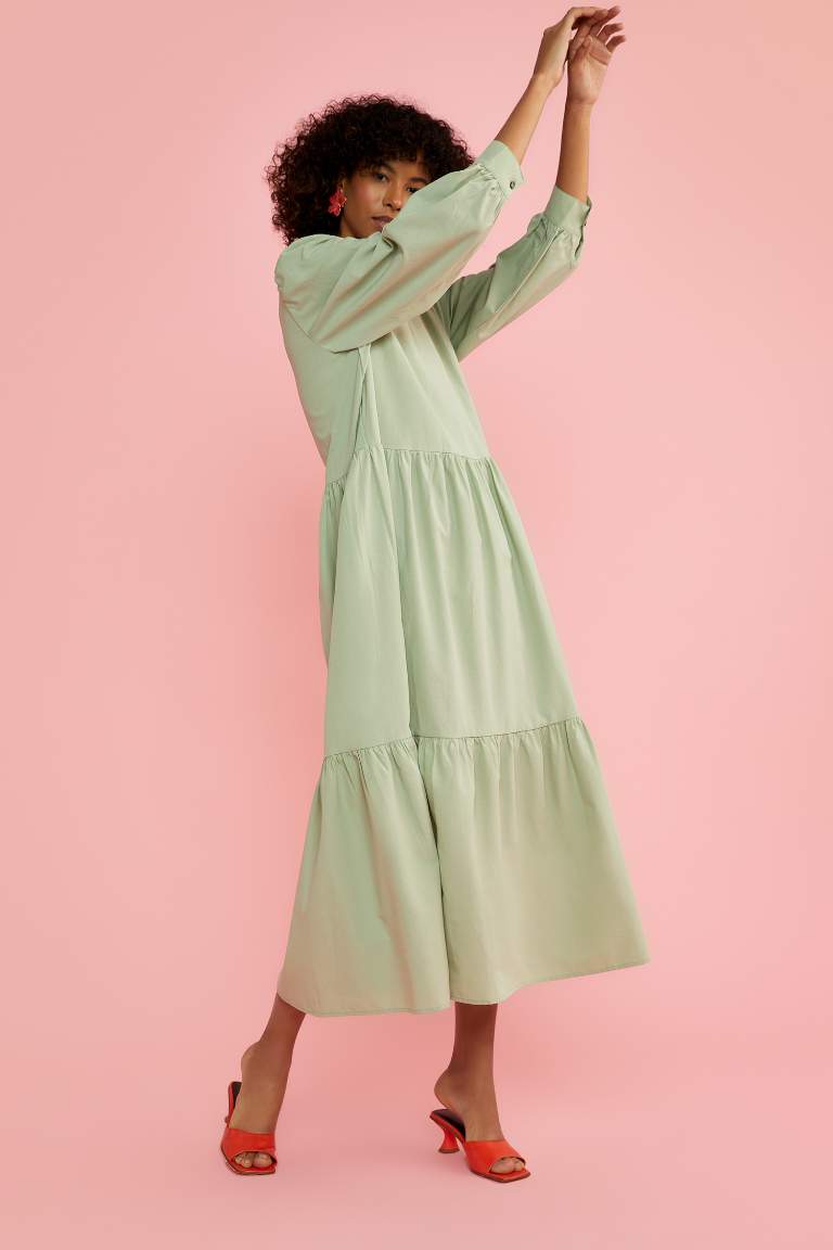 Regular Fit Bisiklet Yaka Poplin Uzun Kollu Maxi Elbise