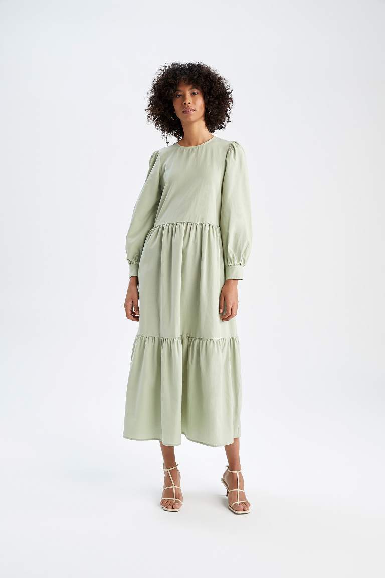 Regular Fit Bisiklet Yaka Poplin Uzun Kollu Maxi Elbise