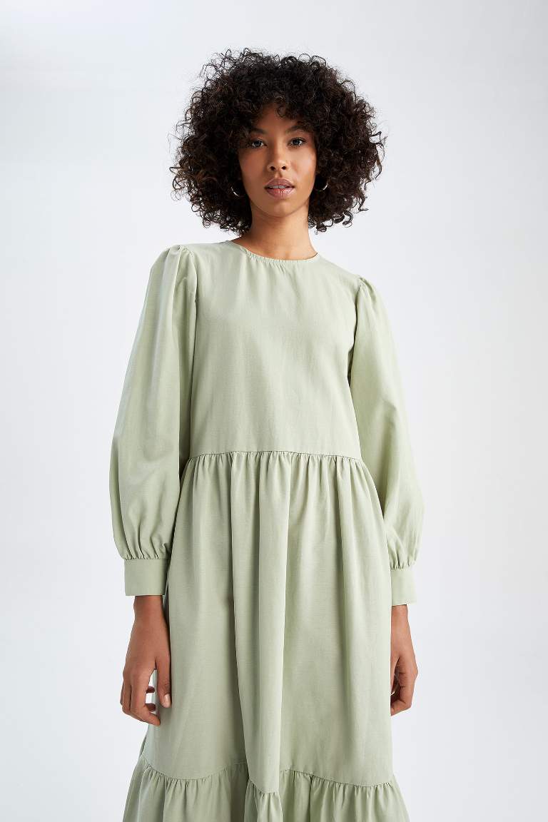 Regular Fit Bisiklet Yaka Poplin Uzun Kollu Maxi Elbise
