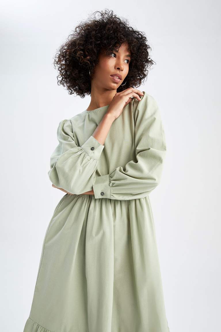 Regular Fit Bisiklet Yaka Poplin Uzun Kollu Maxi Elbise