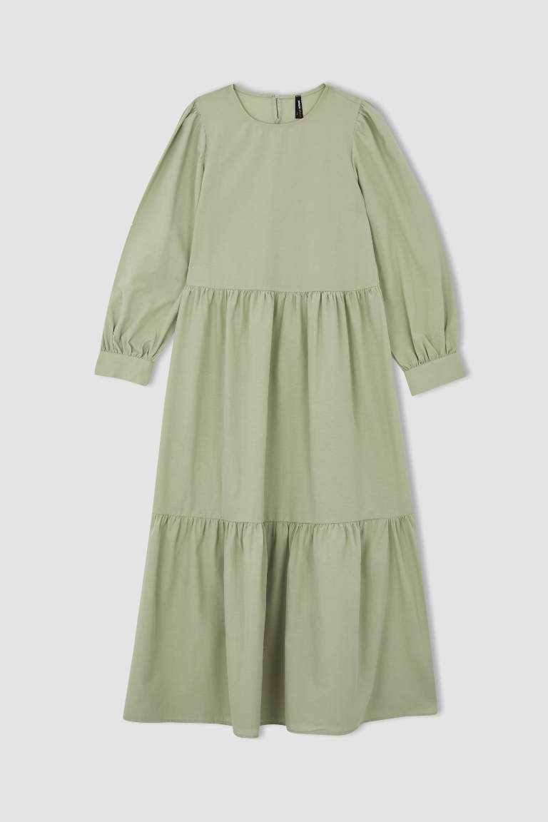 Regular Fit Bisiklet Yaka Poplin Uzun Kollu Maxi Elbise