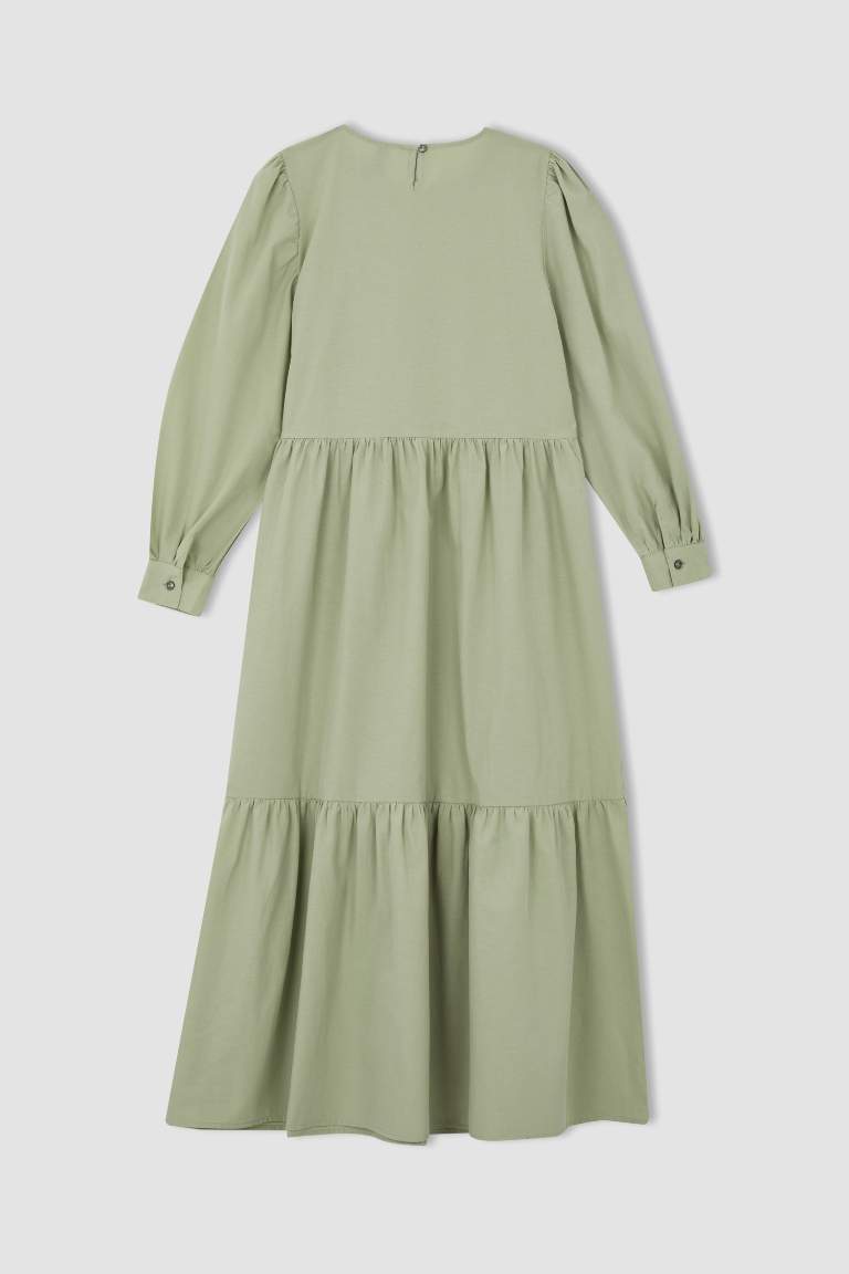 Regular Fit Bisiklet Yaka Poplin Uzun Kollu Maxi Elbise