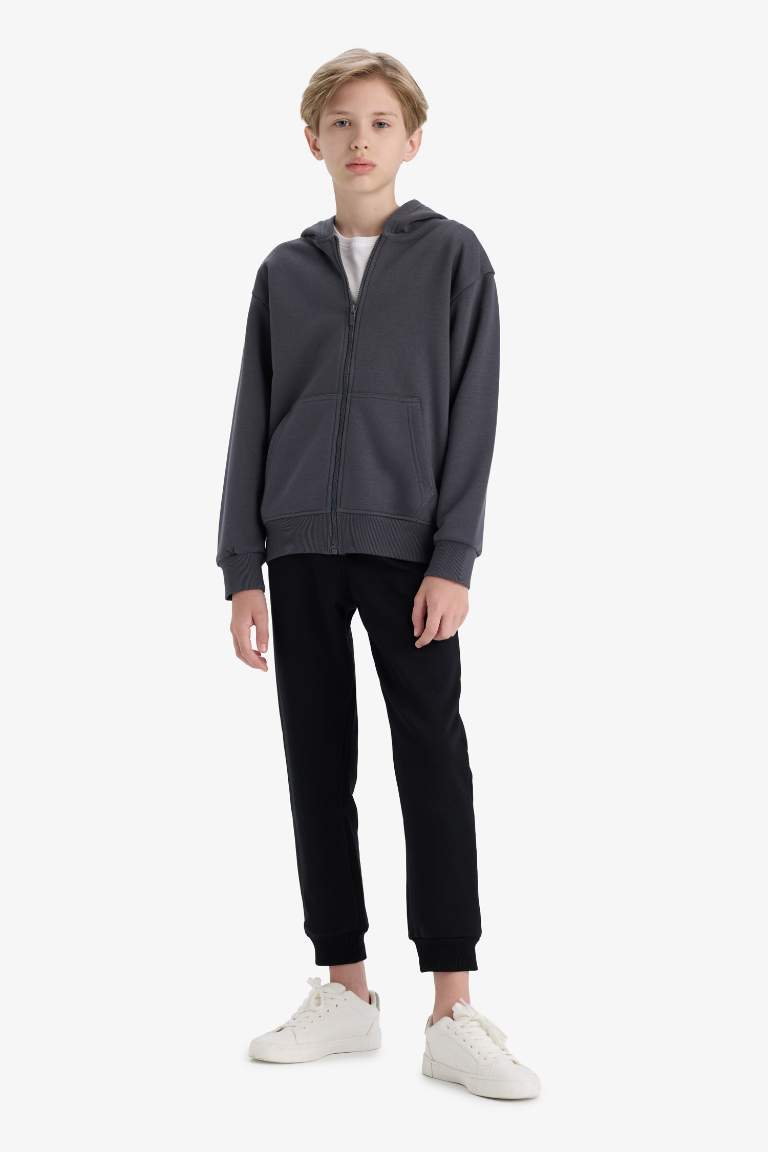 Erkek Çocuk Kapüşonlu Basic Düz Okul Fermuarlı Sweatshirt