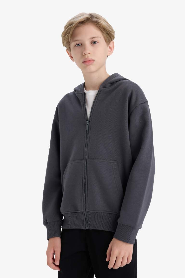 Erkek Çocuk Kapüşonlu Basic Düz Okul Fermuarlı Sweatshirt