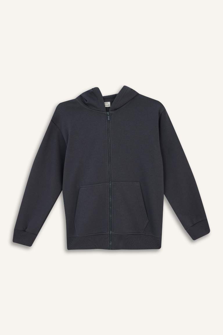 Erkek Çocuk Kapüşonlu Basic Düz Okul Fermuarlı Sweatshirt