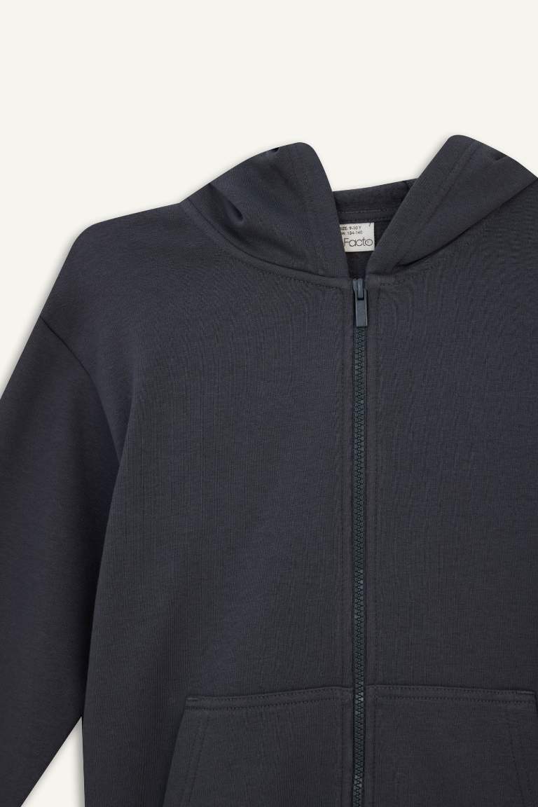 Erkek Çocuk Kapüşonlu Basic Düz Okul Fermuarlı Sweatshirt