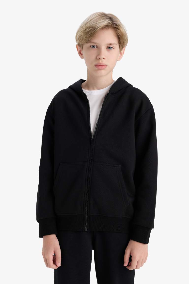 Erkek Çocuk Kapüşonlu Basic Düz Okul Fermuarlı Sweatshirt