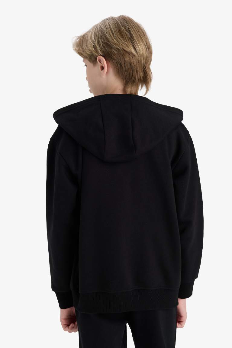 Erkek Çocuk Kapüşonlu Basic Düz Okul Fermuarlı Sweatshirt