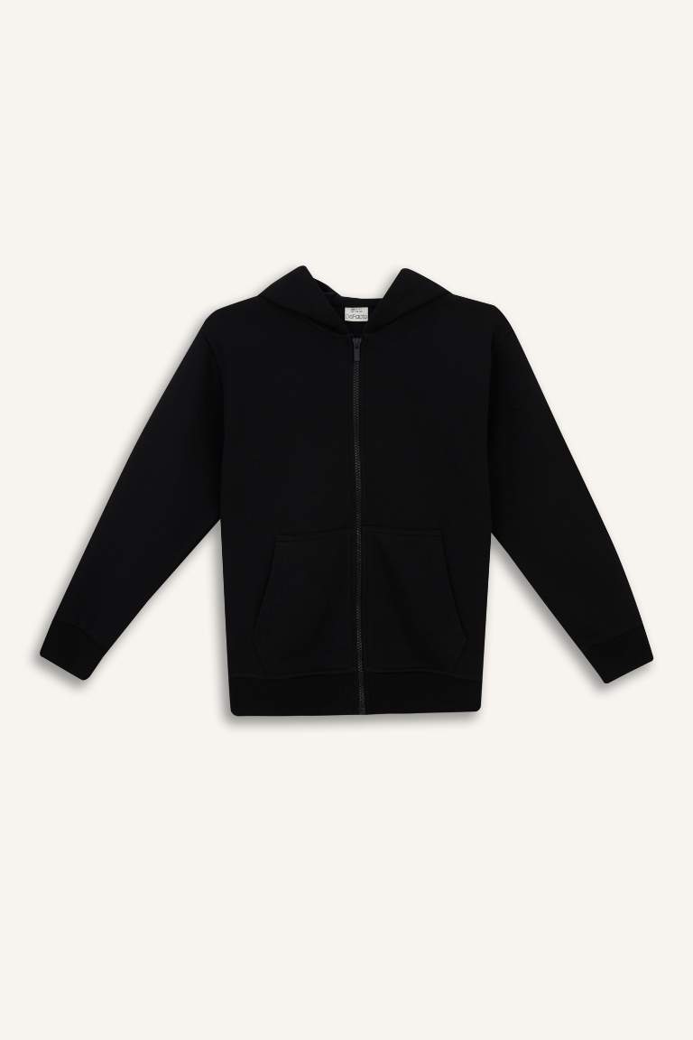 Erkek Çocuk Kapüşonlu Basic Düz Okul Fermuarlı Sweatshirt