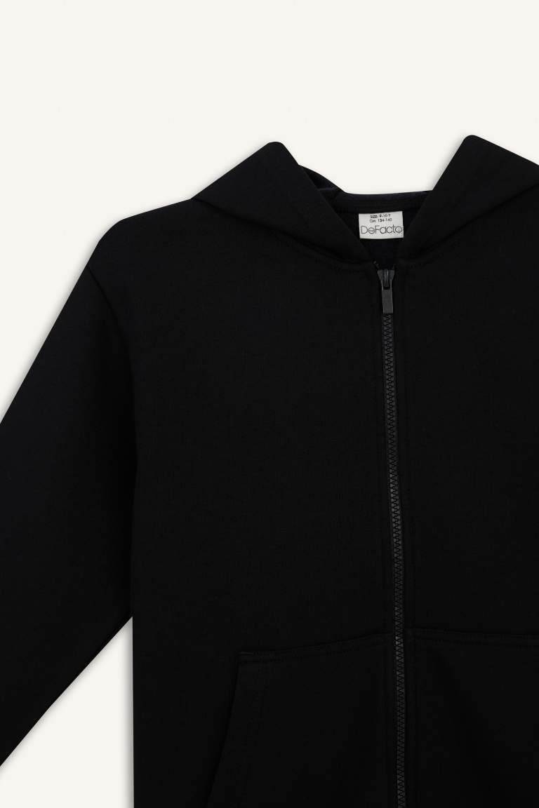 Erkek Çocuk Kapüşonlu Basic Düz Okul Fermuarlı Sweatshirt