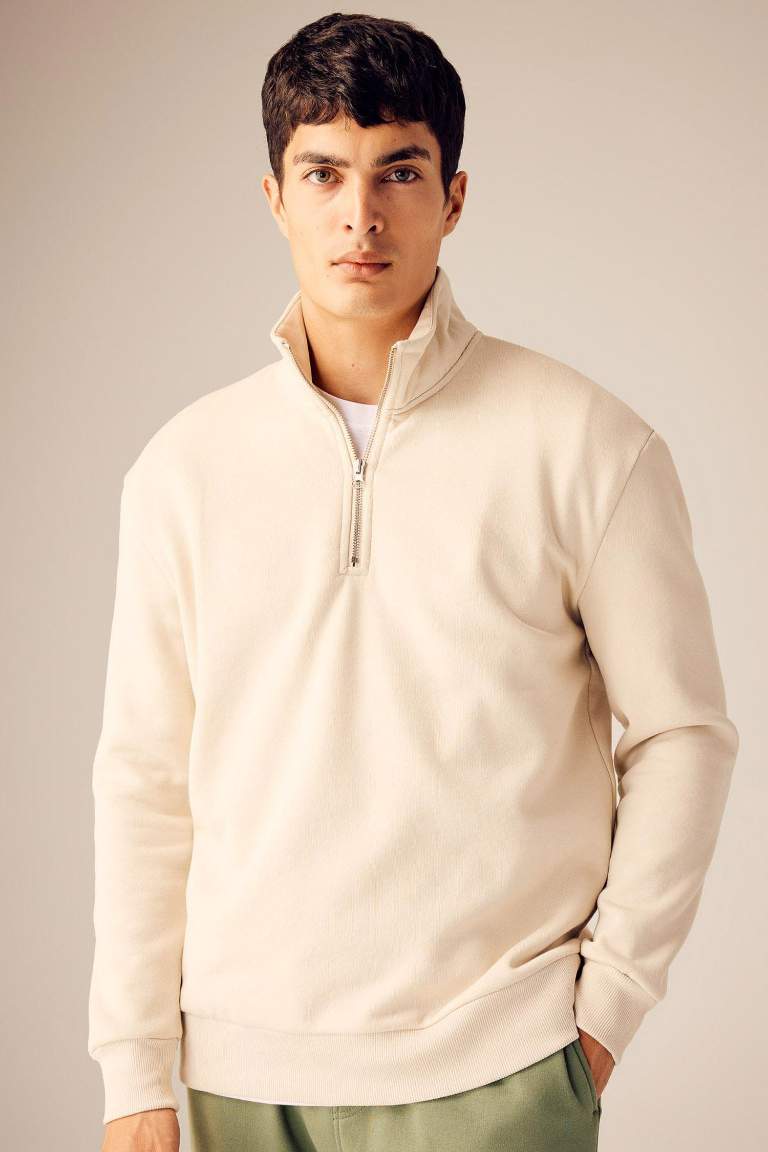 Comfort Regular Fit Rahat Kalıp Fermuarlı Dik Yaka Basic Düz Sweatshirt