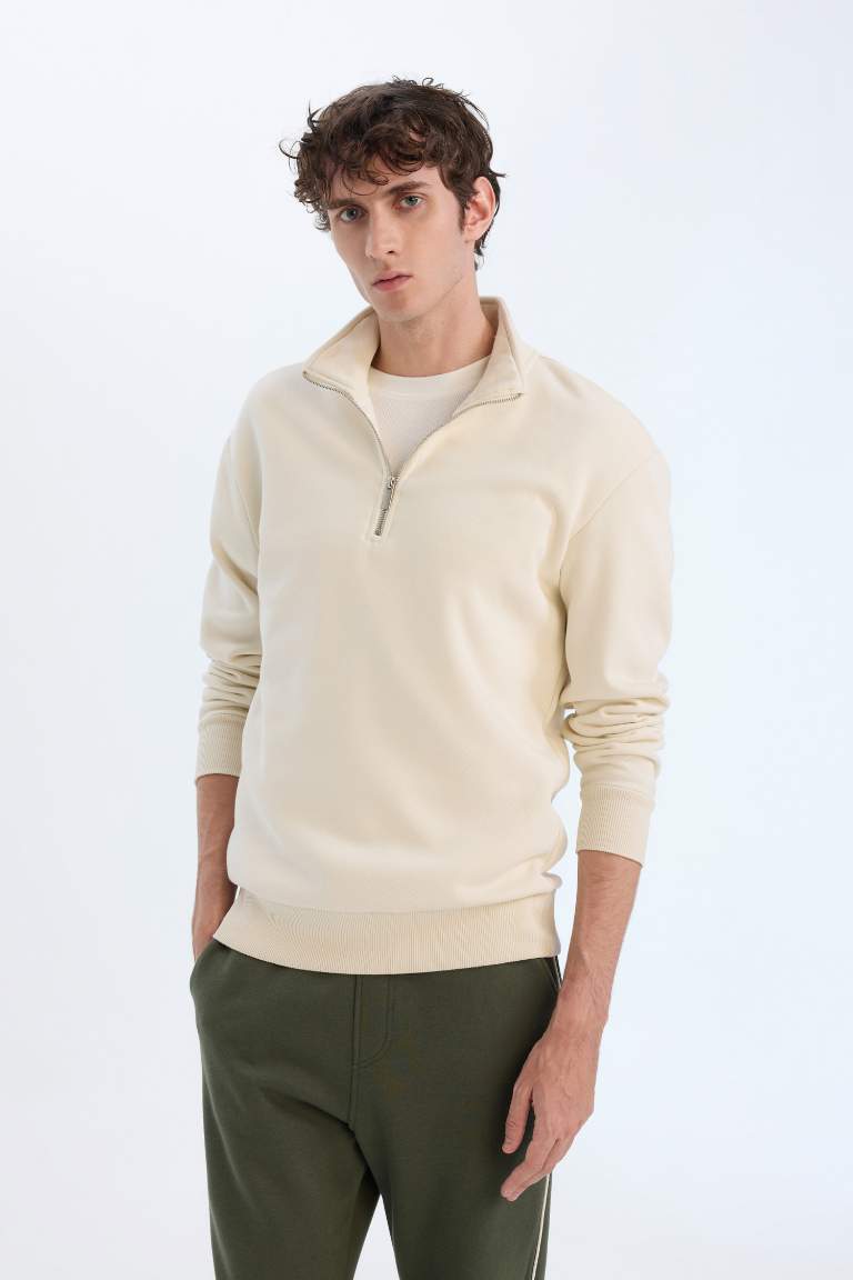 Comfort Regular Fit Casual Zippered Stand Collar Basic Sweatshirt