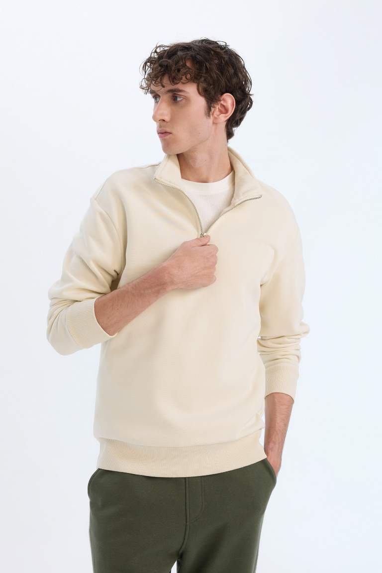 Comfort Regular Fit Casual Zippered Stand Collar Basic Sweatshirt