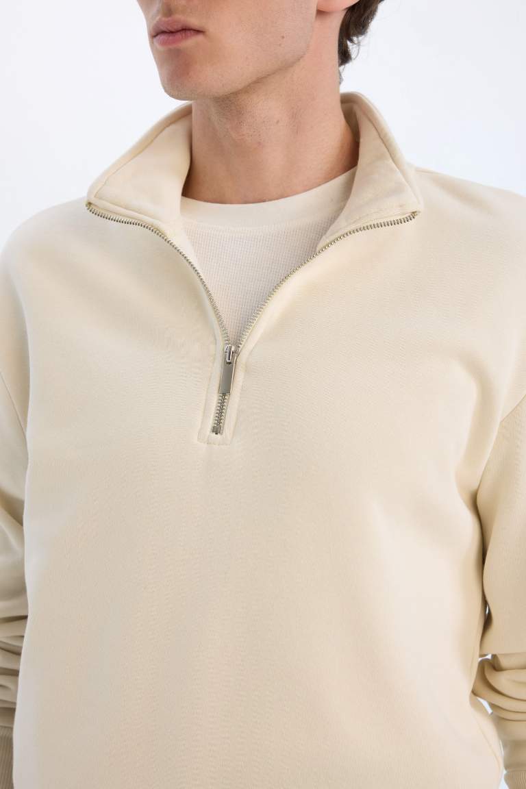 Comfort Regular Fit Casual Zippered Stand Collar Basic Sweatshirt