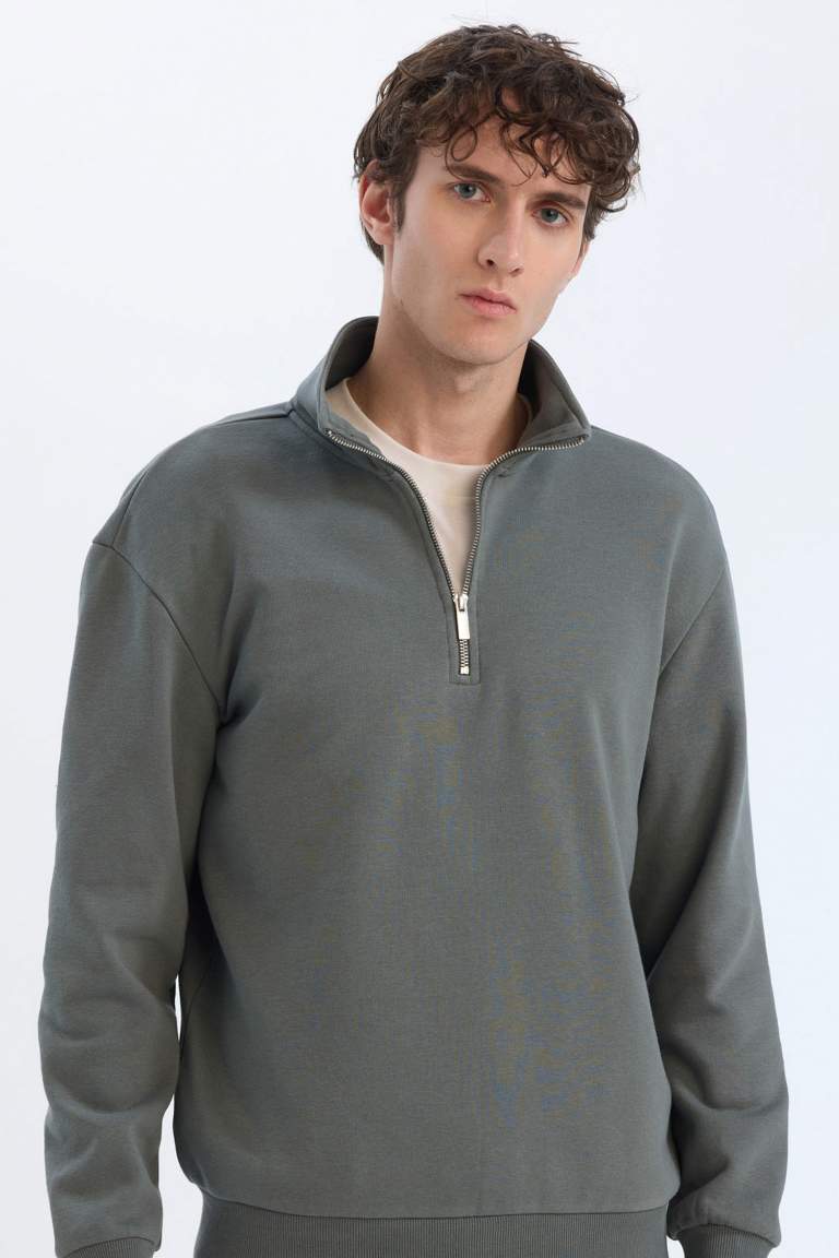 Comfort Regular Fit Casual Zippered Stand Collar Basic Sweatshirt