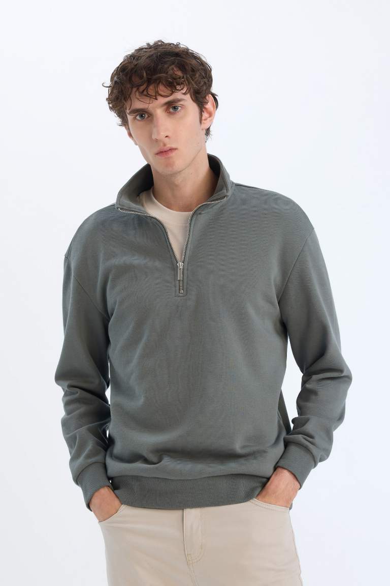 Comfort Regular Fit Casual Zippered Stand Collar Basic Sweatshirt