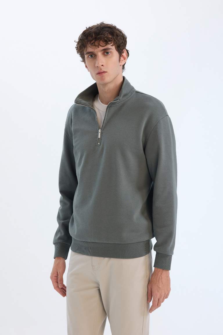 Comfort Regular Fit Casual Zippered Stand Collar Basic Sweatshirt