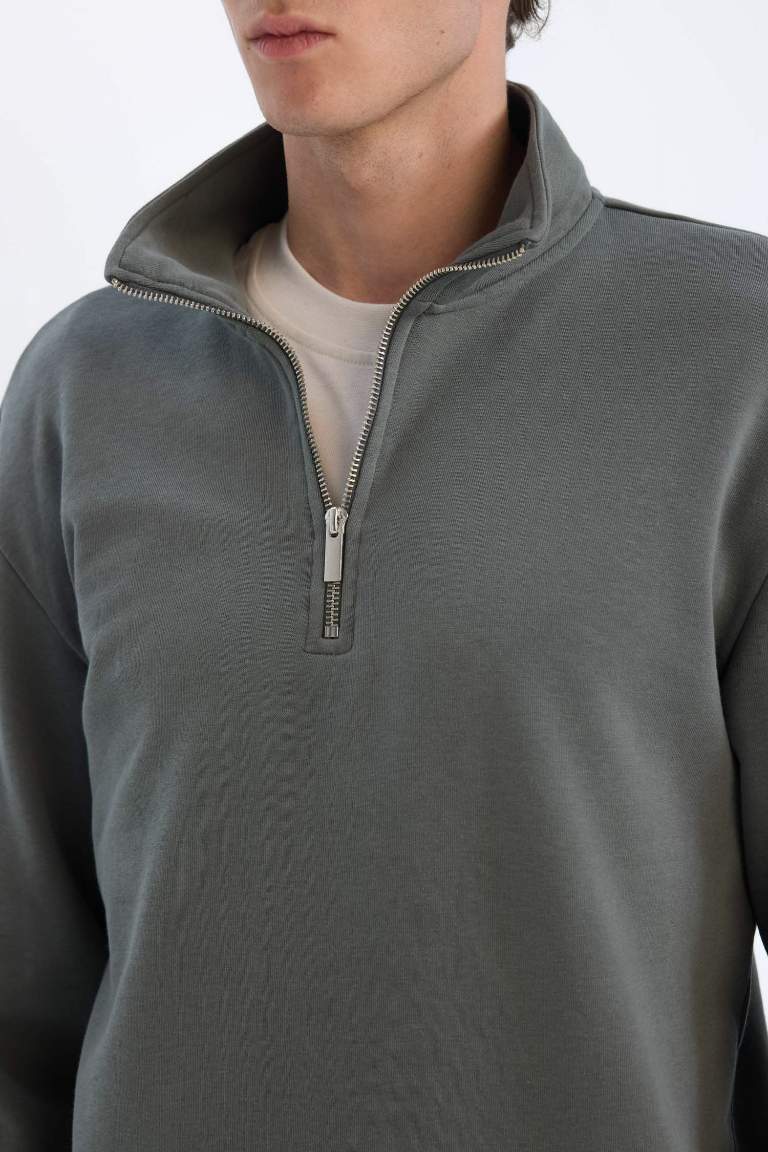 Comfort Regular Fit Casual Zippered Stand Collar Basic Sweatshirt