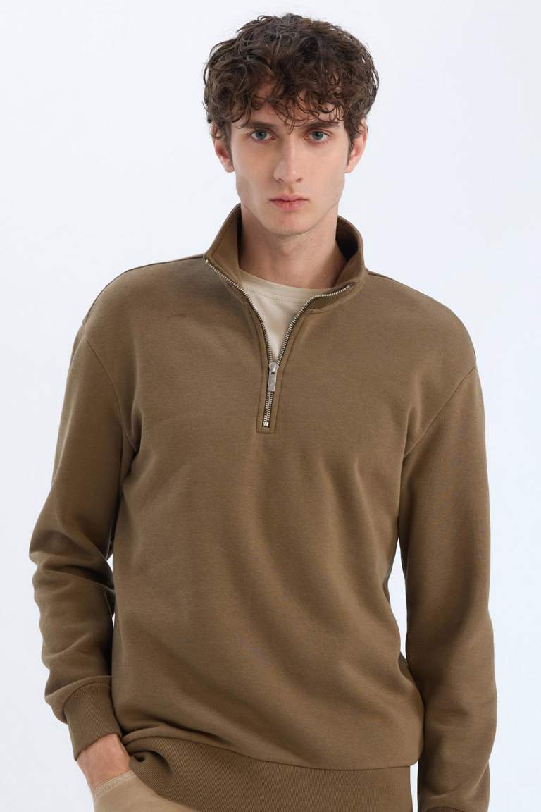 Comfort Regular Fit Casual Zippered Stand Collar Basic Sweatshirt