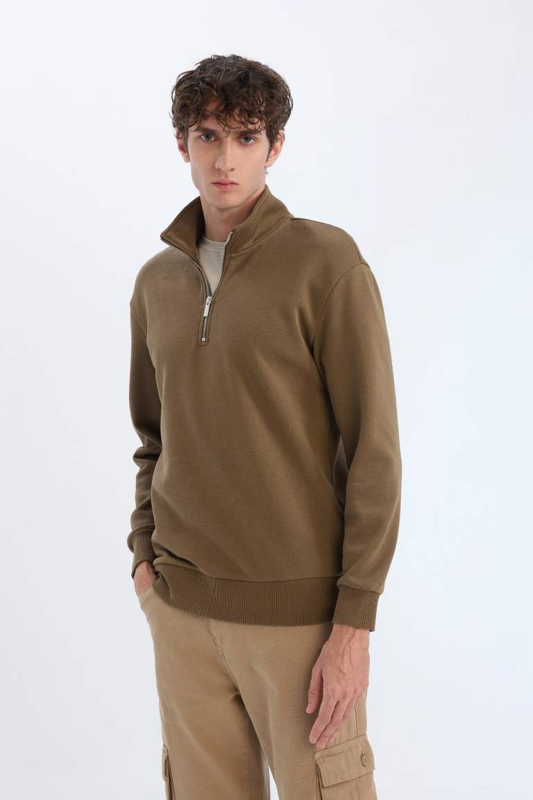 Comfort Regular Fit Casual Zippered Stand Collar Basic Sweatshirt