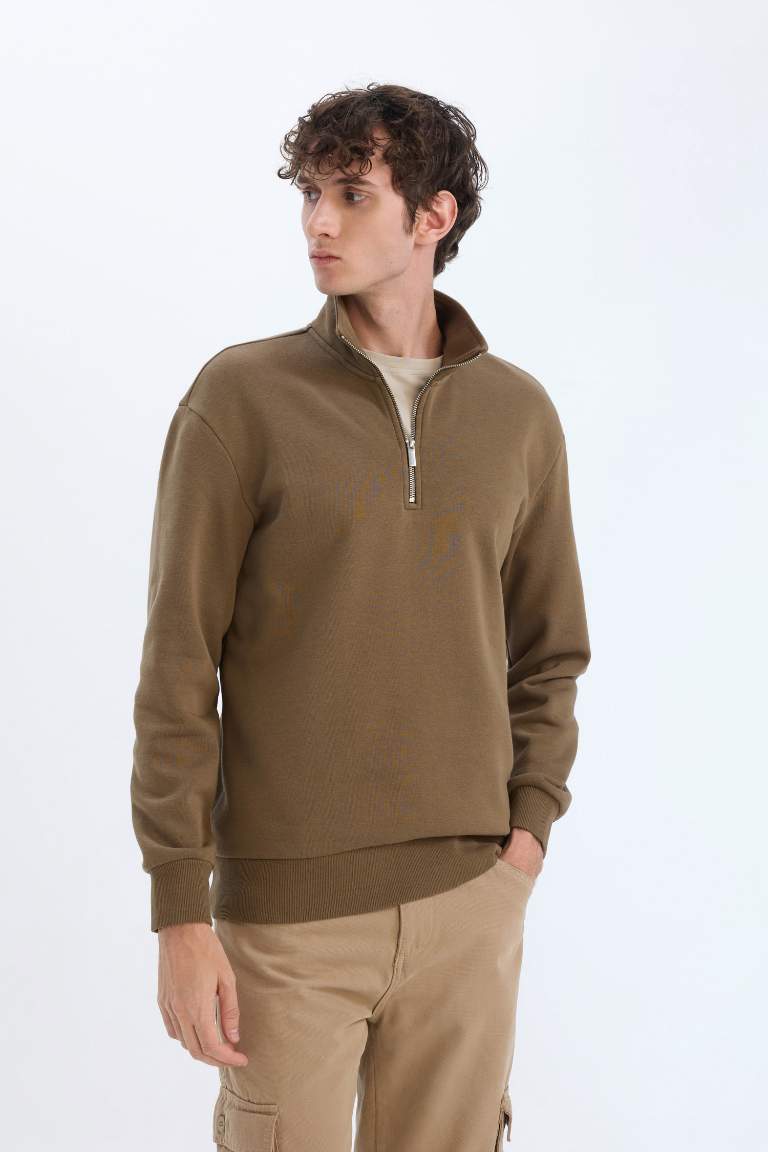 Comfort Regular Fit Casual Zippered Stand Collar Basic Sweatshirt