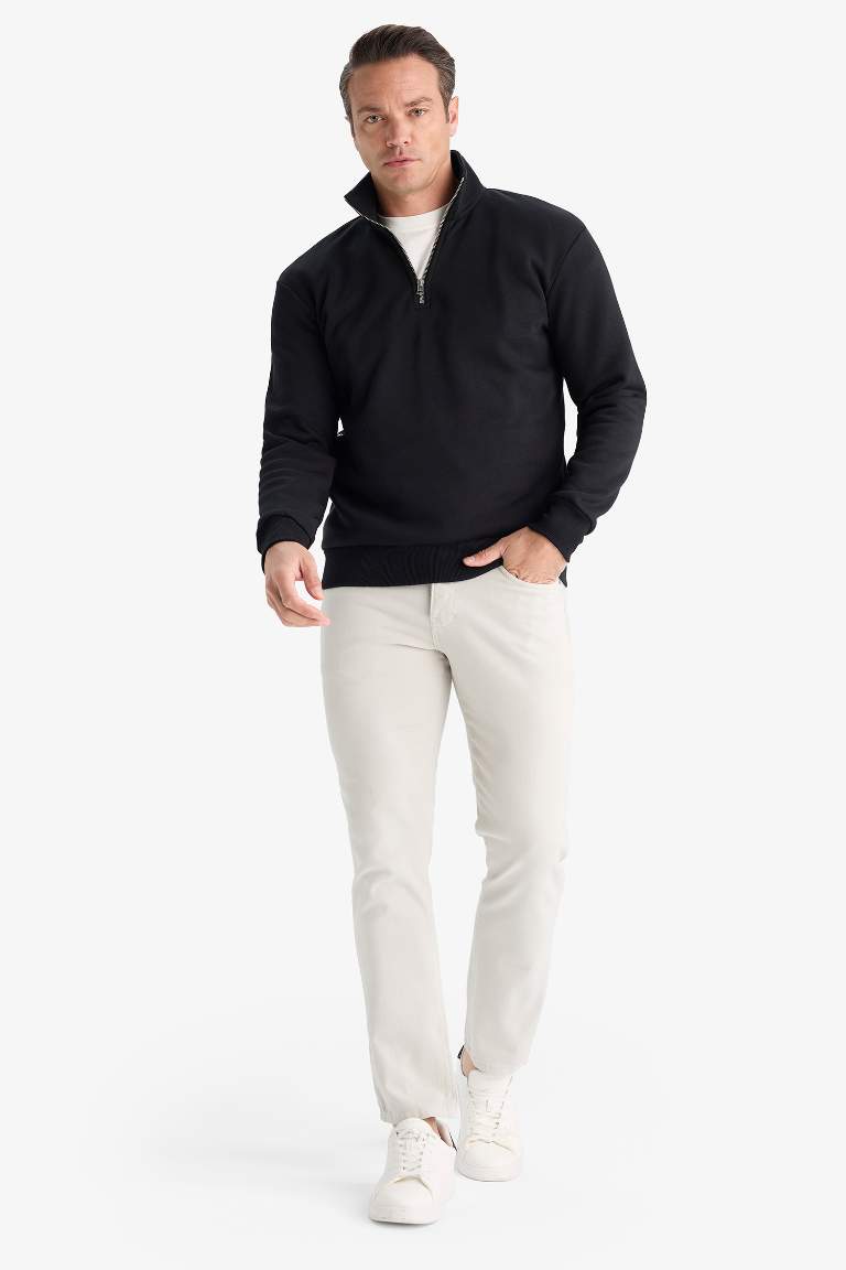 Regular Fit Dik Yaka Yarım Fermuarlı İçi Yumuşak Tüylü Basic Düz Sweatshirt