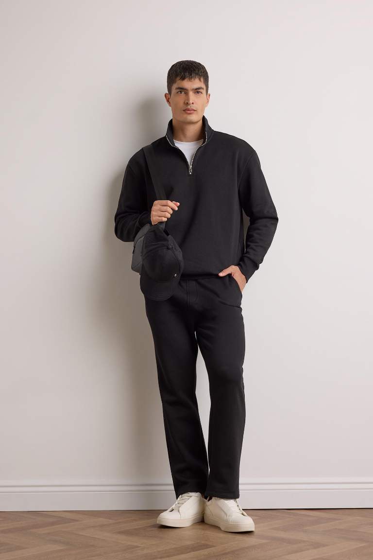 Regular Fit Dik Yaka Yarım Fermuarlı İçi Yumuşak Tüylü Basic Düz Sweatshirt