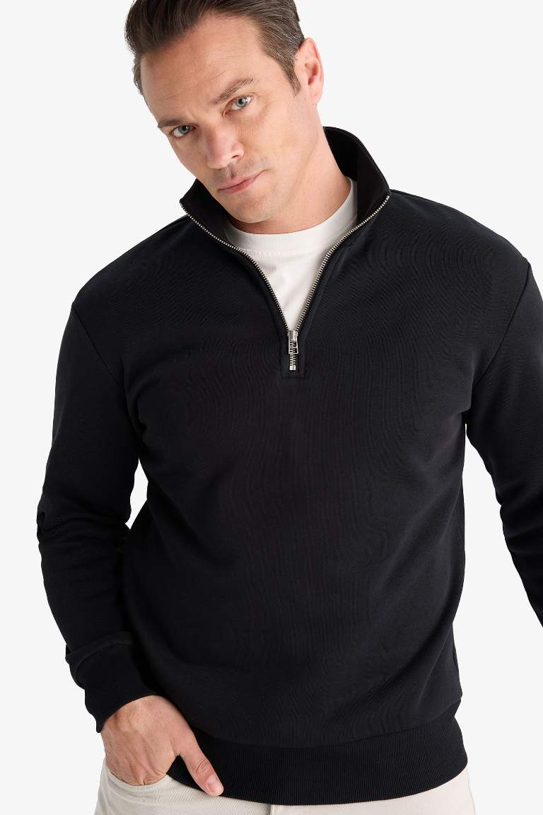 Regular Fit Dik Yaka Yarım Fermuarlı İçi Yumuşak Tüylü Basic Düz Sweatshirt