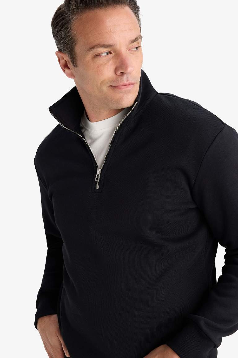 Regular Fit Dik Yaka Yarım Fermuarlı İçi Yumuşak Tüylü Basic Düz Sweatshirt