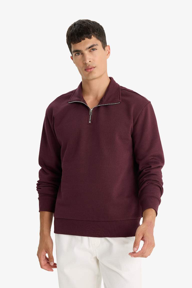 Comfort Regular Fit Rahat Kalıp Fermuarlı Dik Yaka Basic Düz Sweatshirt