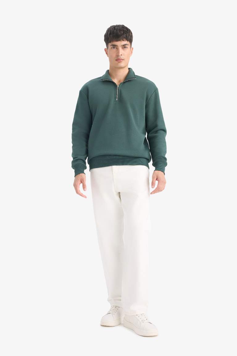 Regular Fit Stand Collar Thick Fabric Sweatshirt