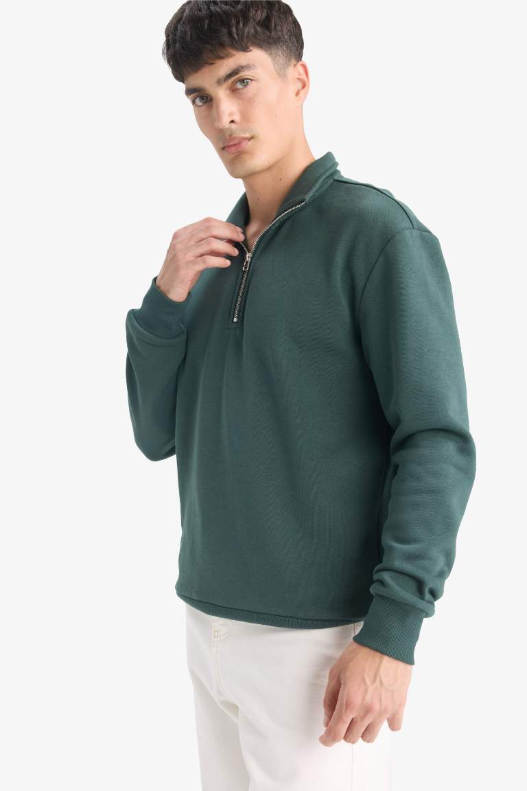 Regular Fit Stand Collar Thick Fabric Sweatshirt