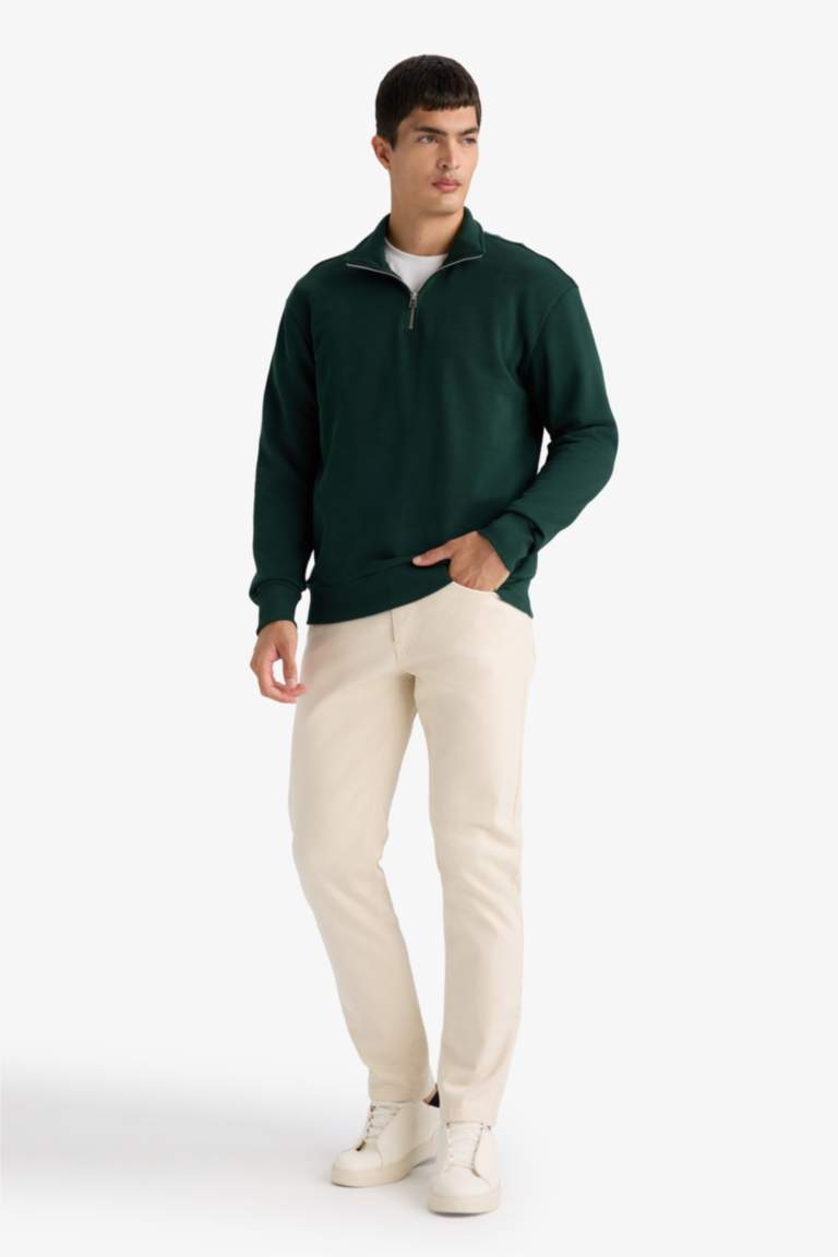 Regular Fit Dik Yaka Yarım Fermuarlı Basic Düz Sweatshirt